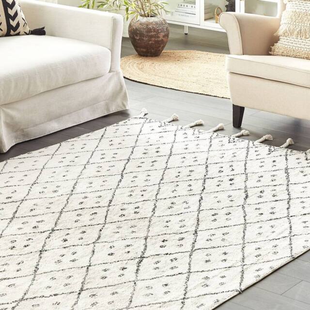 Wyld and Coco Hand Tufted Cotton Rug Off-White and Black Runes Tassels in White - Size: 160 cm x 230 cm - image 1