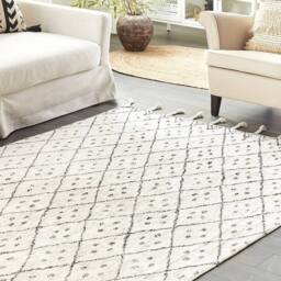 Wyld and Coco Hand Tufted Cotton Rug Off-White and Black Runes Tassels in White - Size: 160 cm x 230 cm