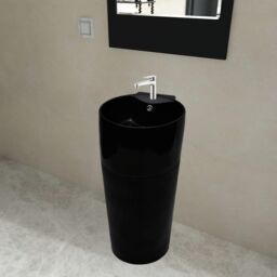 Berkfield Home Ceramic Stand Bathroom Sink Basin Faucet/Overflow Hole Black Round - thumbnail 1