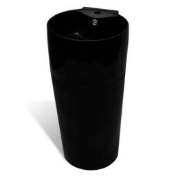 Berkfield Home Ceramic Stand Bathroom Sink Basin Faucet/Overflow Hole Black Round - thumbnail 2