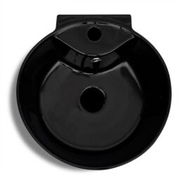 Berkfield Home Ceramic Stand Bathroom Sink Basin Faucet/Overflow Hole Black Round - thumbnail 4