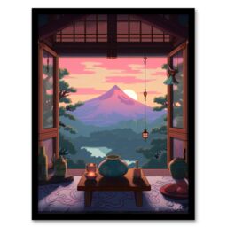 Artery8 Wall Art Print Mount Fuji View from House Patio Colourful Painting Traditional Tea Ceremony Japan Hospitality Sunset Mountain Landscape Art - thumbnail 1