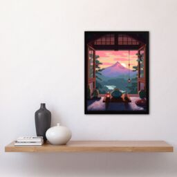 Artery8 Wall Art Print Mount Fuji View from House Patio Colourful Painting Traditional Tea Ceremony Japan Hospitality Sunset Mountain Landscape Art - thumbnail 4
