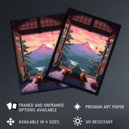 Artery8 Wall Art Print Mount Fuji View from House Patio Colourful Painting Traditional Tea Ceremony Japan Hospitality Sunset Mountain Landscape Art - thumbnail 2