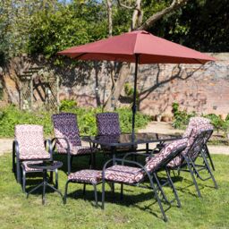 Hectare 6 Seater Reclining Chair Dining Set Tempered Glass Table Parasol Wine - thumbnail 1
