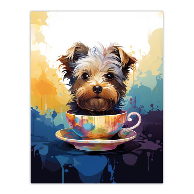 "Artery8 Wall Art Print Tea Cup Yorkshire Terrier Dog Lover Gift Pet Portrait Blue Purple Orange Artwork Painting Poster - Size: W18"" x H24""" - image 1