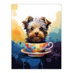 "Artery8 Wall Art Print Tea Cup Yorkshire Terrier Dog Lover Gift Pet Portrait Blue Purple Orange Artwork Painting Poster - Size: W18"" x H24""" - thumbnail 1