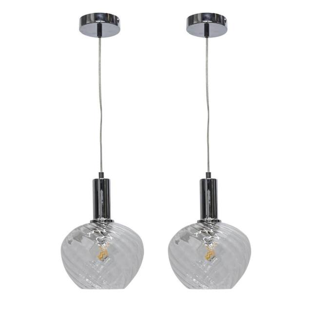 First Choice Lighting Set of 2 Bradson - Clear Swirl Glass Chrome Deco Pendant Fittings - image 1