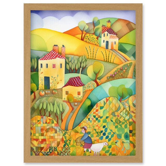 Artery8 Countryside Farming Folk Art Watercolour Painting Artwork Framed Wall Art Print A4 in Light Oak - image 1