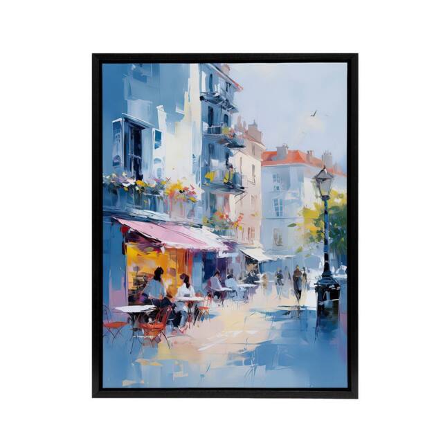 "Artery8 Cafe Street In Paris Framed Canvas Abstract Wall Art Print in Blue - Size: W12"" x H16""" - image 1