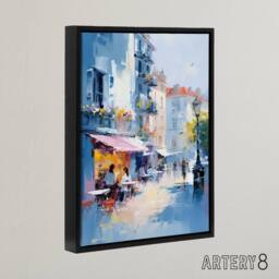 "Artery8 Cafe Street In Paris Framed Canvas Abstract Wall Art Print in Blue - Size: W12"" x H16""" - thumbnail 2