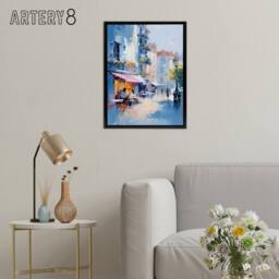 "Artery8 Cafe Street In Paris Framed Canvas Abstract Wall Art Print in Blue - Size: W12"" x H16""" - thumbnail 3