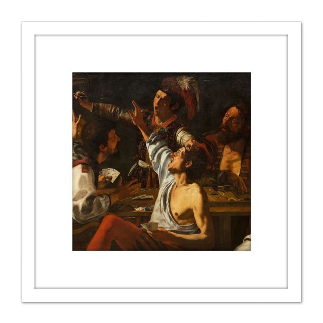 Artery8 Rombouts Backgammon Players Fighting Painting 8X8 Inch Square Wooden Framed Wall Art Print Picture with Mount in White - image 1