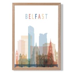 ARTZE Belfast Colourful City Skyline Framed Print SIZE: A3 with Oak Frame in Pale Blue - Size: A4 - thumbnail 1