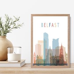 ARTZE Belfast Colourful City Skyline Framed Print SIZE: A3 with Oak Frame in Pale Blue - Size: A4 - thumbnail 2