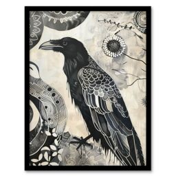 "Artery8 Black Raven Bird Painting Magic Gothic Symbolic Framed Art Print - Size: W12"" x H16""" - thumbnail 1