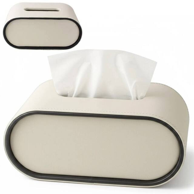 Havendro Beige PU Leather Tissue Box Oval Rectangular Desktop Napkin Storage - image 1