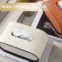 Havendro Beige PU Leather Tissue Box Oval Rectangular Desktop Napkin Storage - thumbnail 4