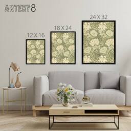 "Artery8 Chrysanthemum Flower Pattern Framed Canvas Wall Art Print William Morris in Green - Size: W12"" x H16""" - thumbnail 4