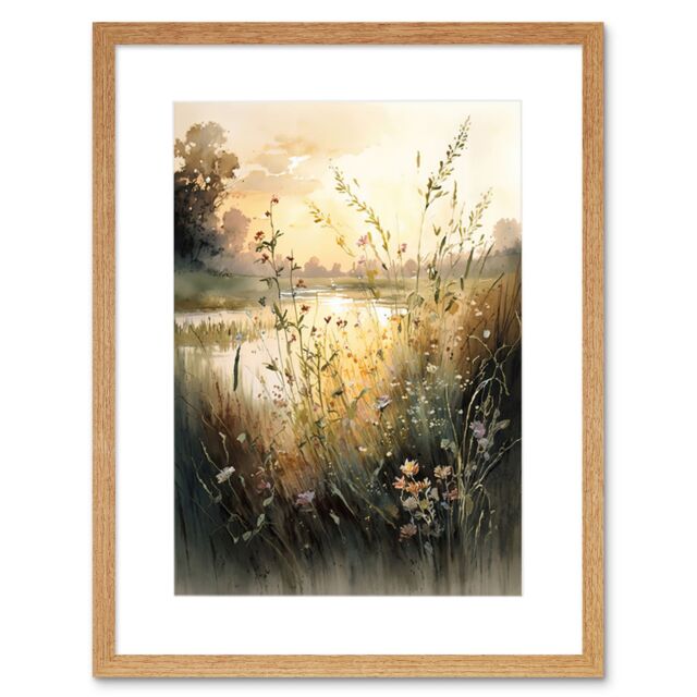 "Artery8 Wall Art Print Serene Lakeside Landscape with Wildflowers at Dawn Modern Watercolour Painting Artwork Framed 9X7 Inch - Size: W7"" x H9""" - image 1