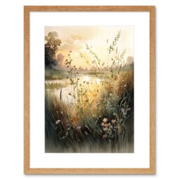 "Artery8 Wall Art Print Serene Lakeside Landscape with Wildflowers at Dawn Modern Watercolour Painting Artwork Framed 9X7 Inch - Size: W7"" x H9""" - thumbnail 1