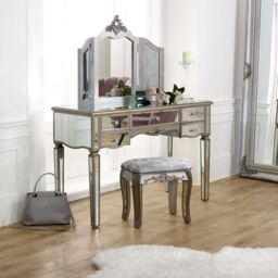 Melody Maison Large Mirrored Dressing Table, Mirror & Stool Set - Tiffany Range in Metallic Silver - thumbnail 2