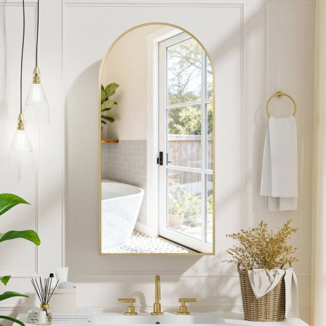KEEPREAPER Sleek Arched Bathroom Mirror Cabinet 40 x 80 cm in Gold - image 1