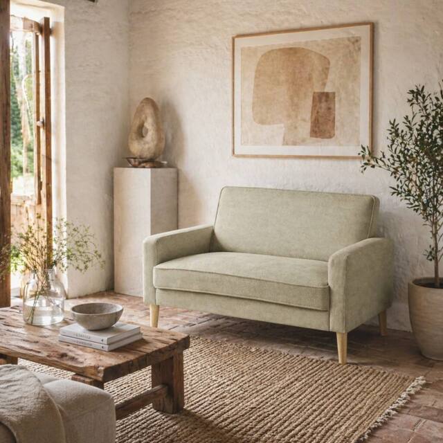 Wyld Haus Vikava Beige Velvet Feel 2 Seater Loveseat Natural Wood Legs - image 1