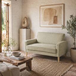 Wyld Haus Vikava Beige Velvet Feel 2 Seater Loveseat Natural Wood Legs