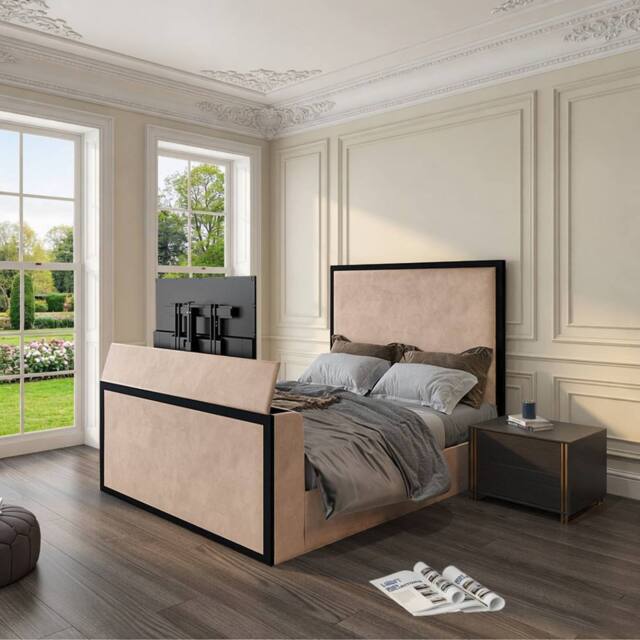 KDMD Adisham Upholstered Electric Media Mink TV Bed Frame in Beige - Size: King - image 1