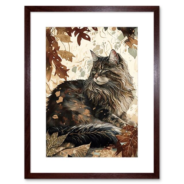 "Artery8 Wall Art Print Maine Coon Cat in Autumn Leaves Modern Watercolour Ink Artwork Framed 9X7 Inch in Brown - Size: W7"" x H9""" - image 1