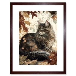 "Artery8 Wall Art Print Maine Coon Cat in Autumn Leaves Modern Watercolour Ink Artwork Framed 9X7 Inch in Brown - Size: W7"" x H9""" - thumbnail 1