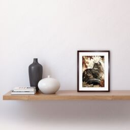 "Artery8 Wall Art Print Maine Coon Cat in Autumn Leaves Modern Watercolour Ink Artwork Framed 9X7 Inch in Brown - Size: W7"" x H9""" - thumbnail 2