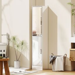 Kleankin Tall Bathroom Cabinet with Mirror, High Gloss White