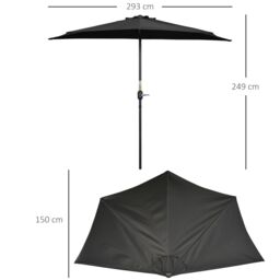 OUTSUNNY 3(m) Half Round Parasol Garden Sun Umbrella Metal w/ Crank in Black - thumbnail 3