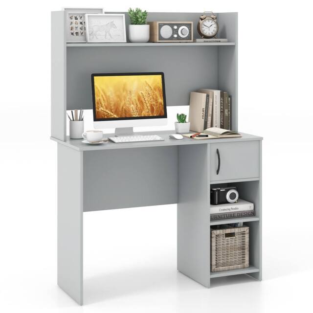 Costway Modern Computer Desk Home Office Writing Study Desk w/ Display Shelf in Grey - image 1