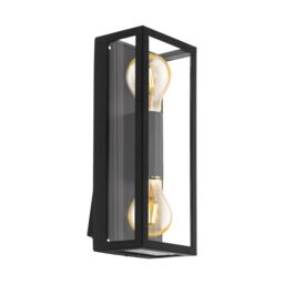 Loops IP44 Outdoor Wall Light Black & Square Glass shade 2x 60W E27 Bulb Porch Lamp