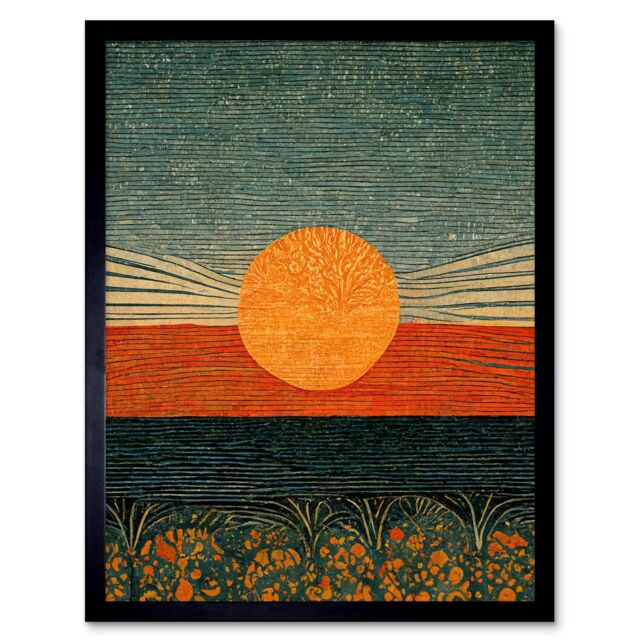 "Artery8 Wall Art Print William Morris Style Sunrise Over Sea Abstract Art Framed in Orange - Size: W12"" x H16""" - image 1