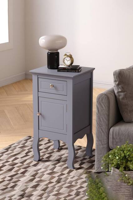 Living and Home Wooden Bedside Side Table Nightstand with Drawer in Grey - image 1