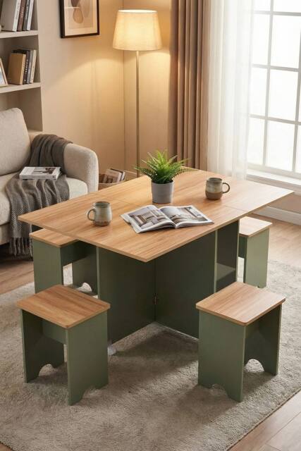 Living and Home Drop Leaf Dining Table Set with 4 Stools in Green - image 1