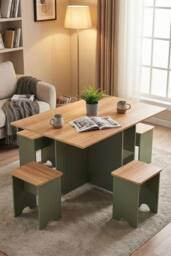 Living and Home Drop Leaf Dining Table Set with 4 Stools in Green - thumbnail 1