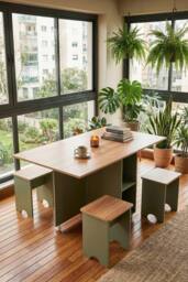 Living and Home Drop Leaf Dining Table Set with 4 Stools in Green - thumbnail 3