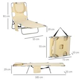 OUTSUNNY Portable Sun Lounger Foldable Beach Chaise Lounge Reading Hole Arm Slots Beige - thumbnail 3