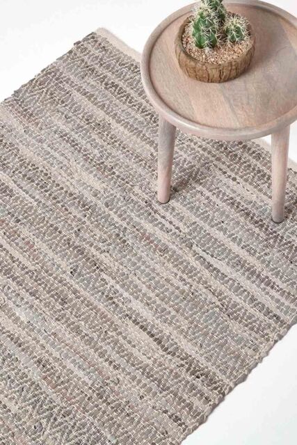 Homescapes Real Leather Handwoven Diamond Pattern Rug in Grey - Size: 150 cm x 240 cm - image 1