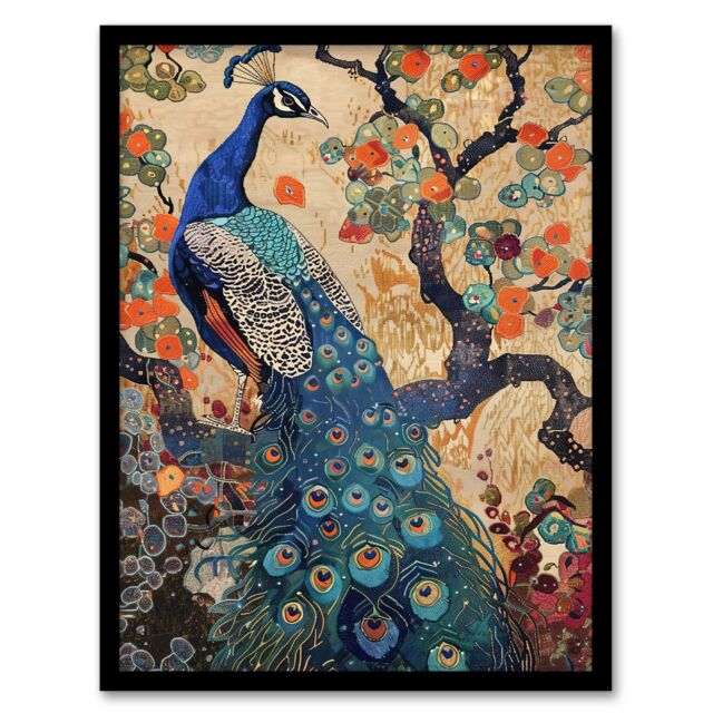 "Artery8 Peacock in Tree with Wildflowers Artwork Detailed Framed Art Print in Beige - Size: W12"" x H16""" - image 1