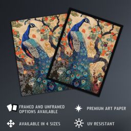 "Artery8 Peacock in Tree with Wildflowers Artwork Detailed Framed Art Print in Beige - Size: W12"" x H16""" - thumbnail 2