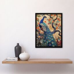 "Artery8 Peacock in Tree with Wildflowers Artwork Detailed Framed Art Print in Beige - Size: W12"" x H16""" - thumbnail 4