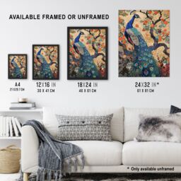 "Artery8 Peacock in Tree with Wildflowers Artwork Detailed Framed Art Print in Beige - Size: W12"" x H16""" - thumbnail 3