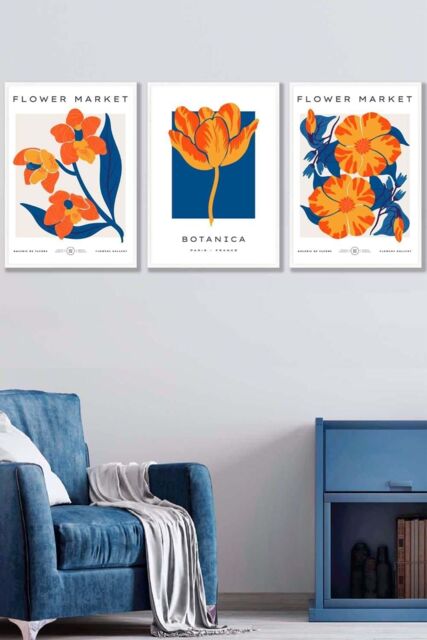 ARTZE Set of 3 White Framed Blue & Orange Flower Market Wall Art - Size: W33 cm x H45 cm x D20mm - image 1