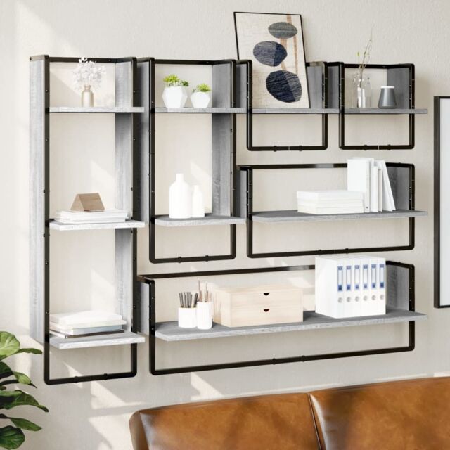 Berkfield Home 6 Piece Wall Shelf Set with Bars Grey Sonoma Engineered Wood - image 1